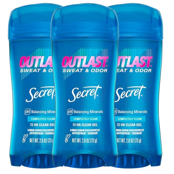 Secret Outlast Clear Gel Deodorant, Completely Clean, 2.6 oz (Pack of 3) – 48-Hour Odor Protection with No White Marks